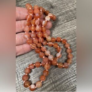 Coral Orange Stone Necklace Banded Agate Round Bead Hand Tied 30” Vintage